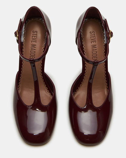Steve Madden MALCOLM Burgundy Patent T-Strap Block Heel Women's Heel