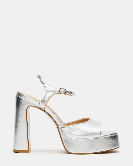 Steve Madden LIANDRA Silver Platform Square-Toe Strappy Women's Heel