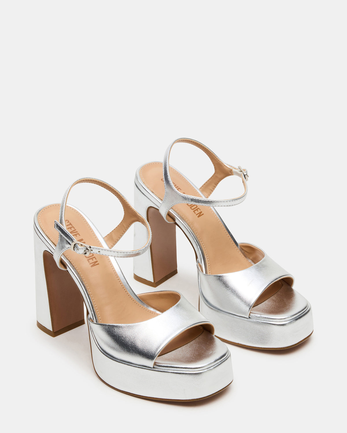 Steve Madden LIANDRA Silver Platform Square-Toe Strappy Women's Heel