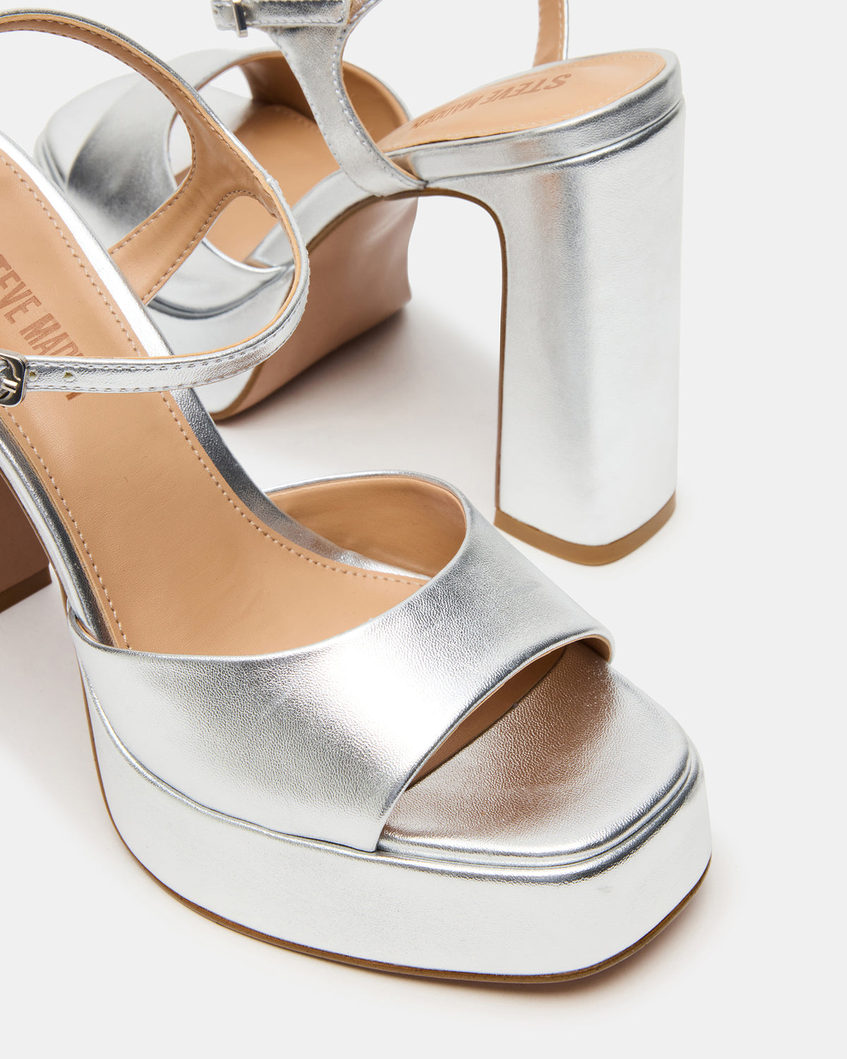 Steve Madden LIANDRA Silver Platform Square-Toe Strappy Women's Heel