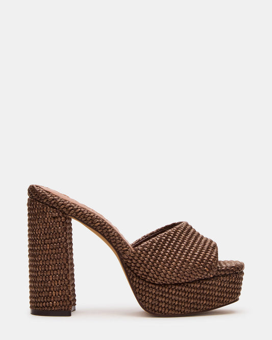 Steve Madden JOEL Brown Raffia Square-Toe Platform Raffia Mule Women's Heel