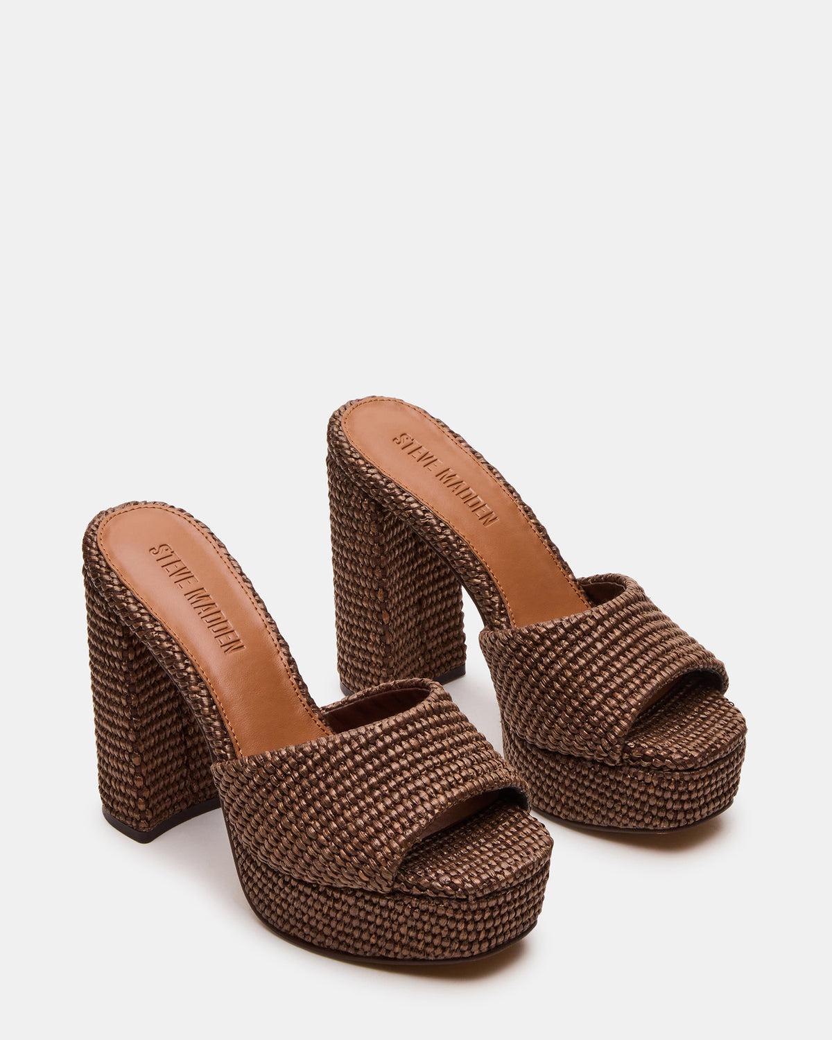 Steve Madden JOEL Brown Raffia Square-Toe Platform Raffia Mule Women's Heel