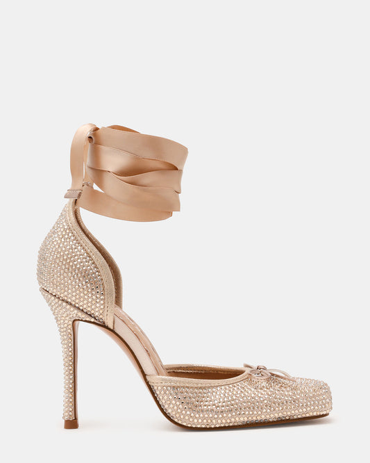 Steve Madden LARINA Champagne Rhinestones Square-Toe Stiletto Lace-Up Women's Heel