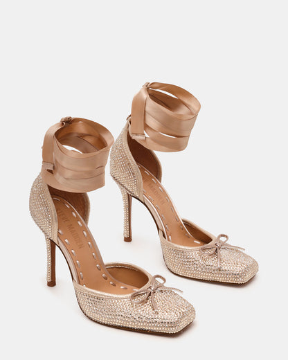 Steve Madden LARINA Champagne Rhinestones Square-Toe Stiletto Lace-Up Women's Heel