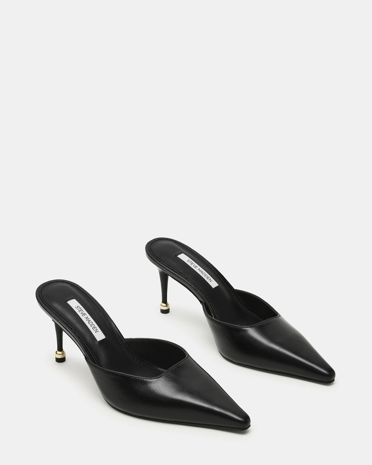 Steve Madden ADELINE Black Leather Mule Pointed-Toe Gold-Detail Women's Heel
