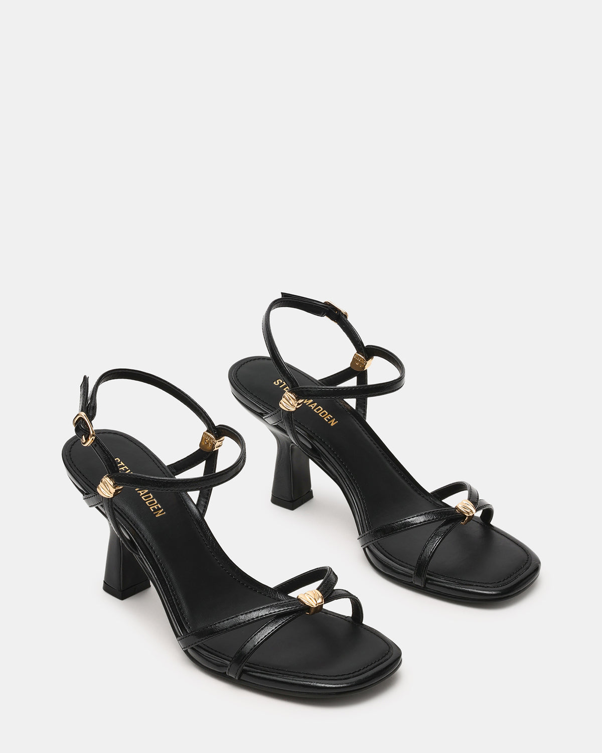 Steve Madden POSY Black Gold-Detail Strappy Square-Toe Women's Heel