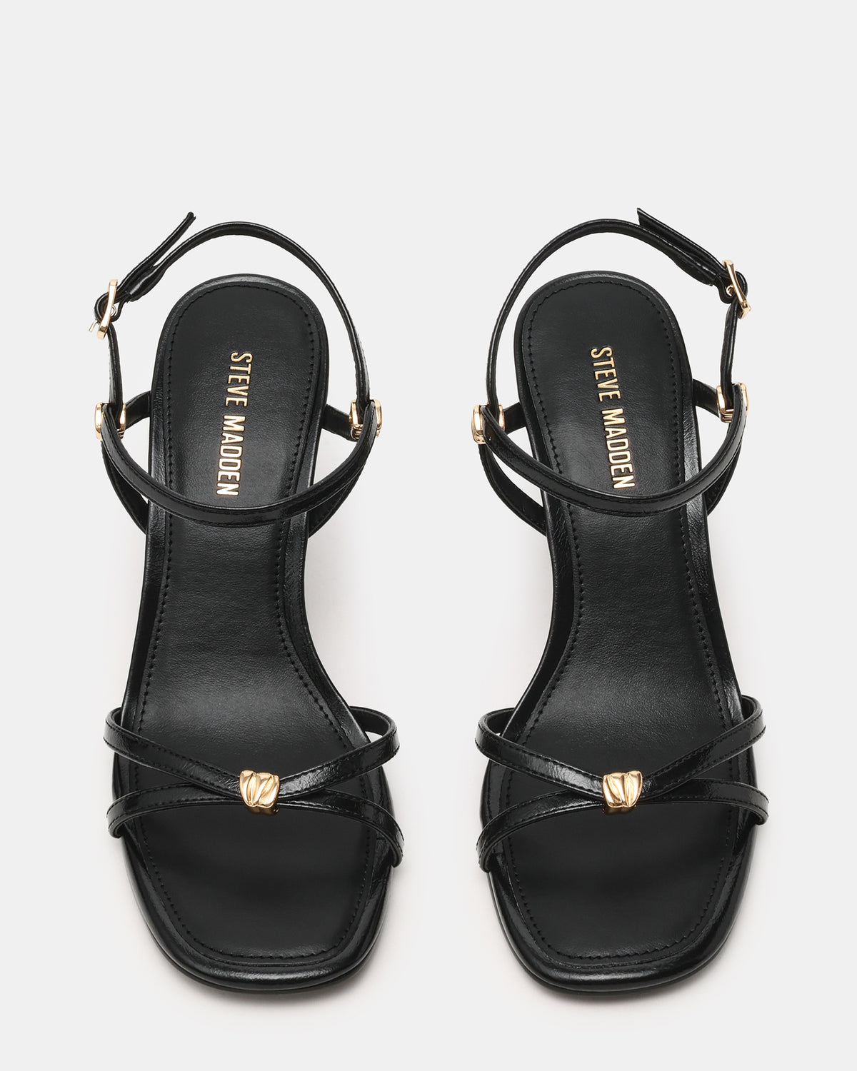 Steve Madden POSY Black Gold-Detail Strappy Square-Toe Women's Heel