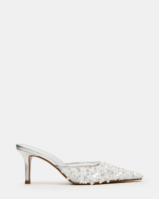 Steve Madden ALEXI Sequin Silver Pointed-Toe Mule Women's Heel