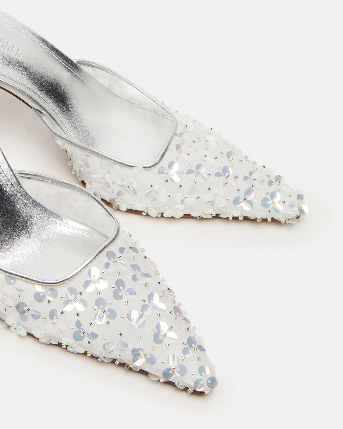 Steve Madden ALEXI Sequin Silver Pointed-Toe Mule Women's Heel