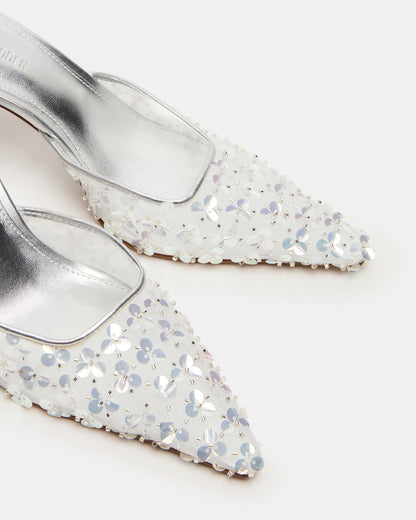 Steve Madden ALEXI Sequin Silver Pointed-Toe Mule Women's Heel