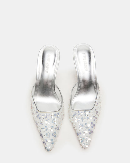 Steve Madden ALEXI Sequin Silver Pointed-Toe Mule Women's Heel