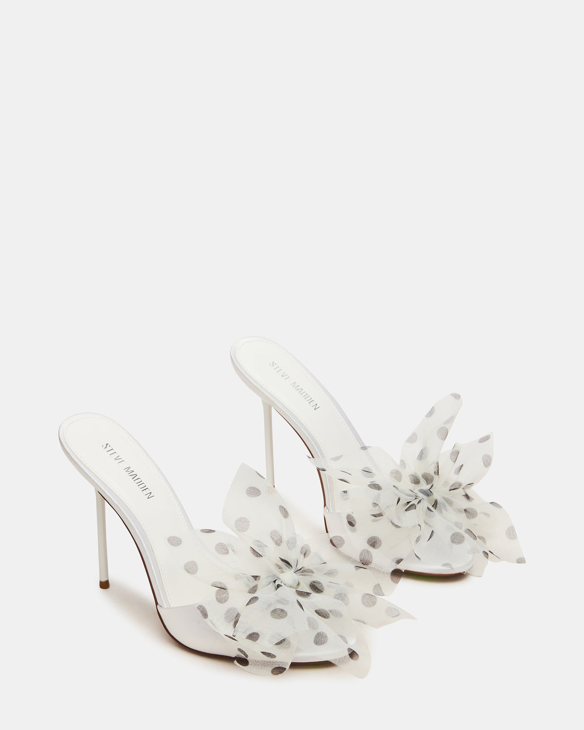 Steve Madden DAVINA Tulle White/Black Polka Dot Rounded Open-Toe Mule Stiletto Women's Heel