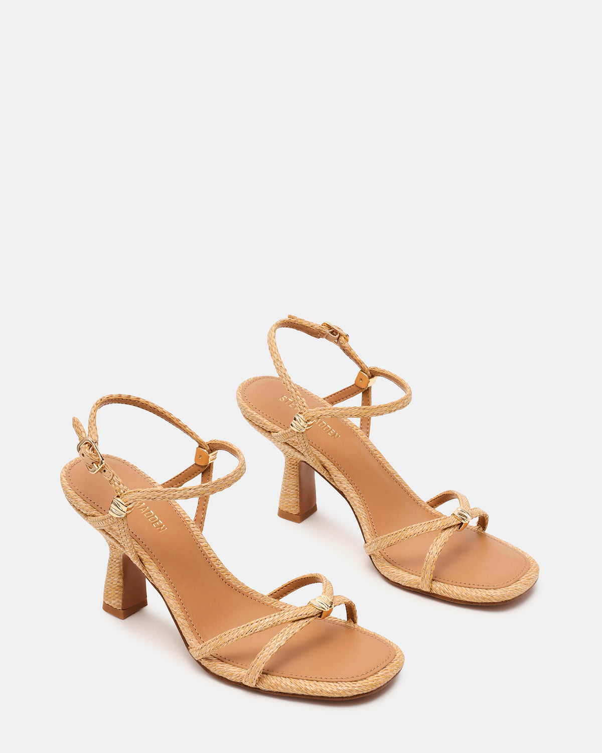 Steve Madden POSY Raffia Gold-Detail Strappy Square-Toe Women's Heel