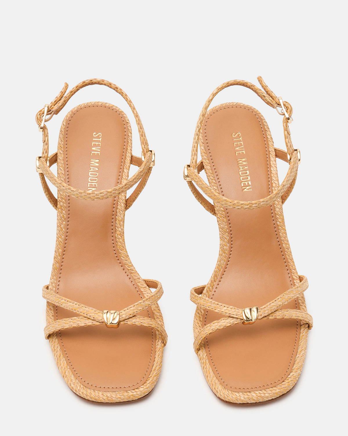 Steve Madden POSY Raffia Gold-Detail Strappy Square-Toe Women's Heel