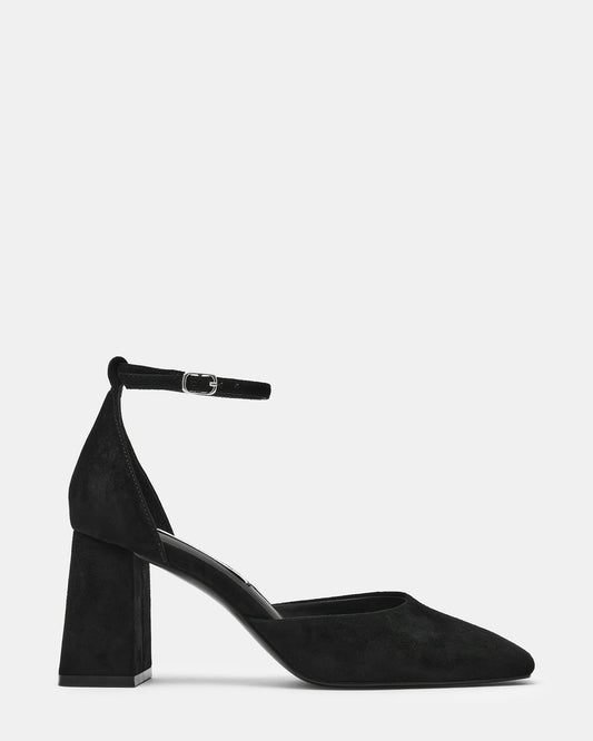 Steve Madden HARTLYN Black Suede Square-Toe Block Heel Ankle Strap Women's Heel