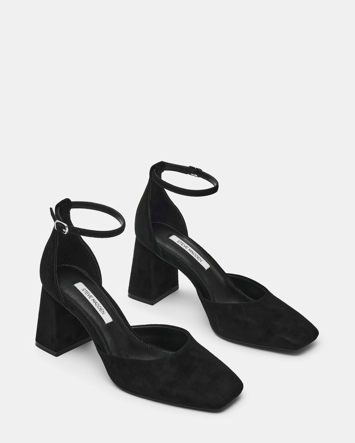 Steve Madden HARTLYN Black Suede Square-Toe Block Heel Ankle Strap Women's Heel