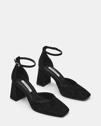 Steve Madden HARTLYN Black Suede Square-Toe Block Heel Ankle Strap Women's Heel