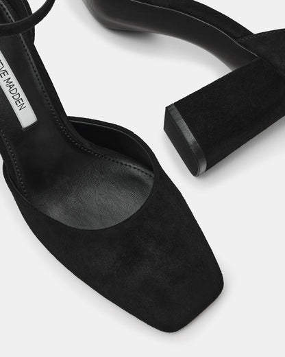 Steve Madden HARTLYN Black Suede Square-Toe Block Heel Ankle Strap Women's Heel