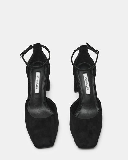 Steve Madden HARTLYN Black Suede Square-Toe Block Heel Ankle Strap Women's Heel
