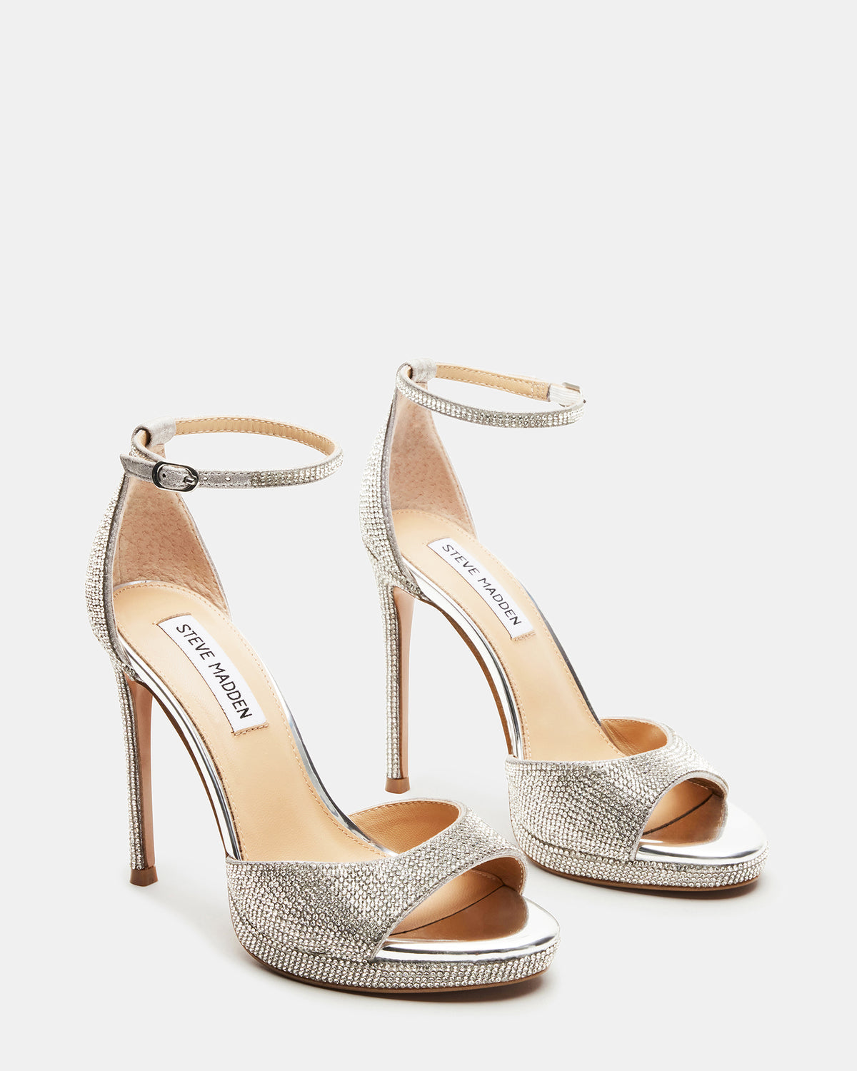 Steve Madden WILEY Silver Rhinestones Open Toe Stiletto Heel | Women's Heels