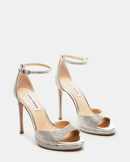 Steve Madden WILEY Silver Rhinestones Open Toe Stiletto Heel | Women's Heels