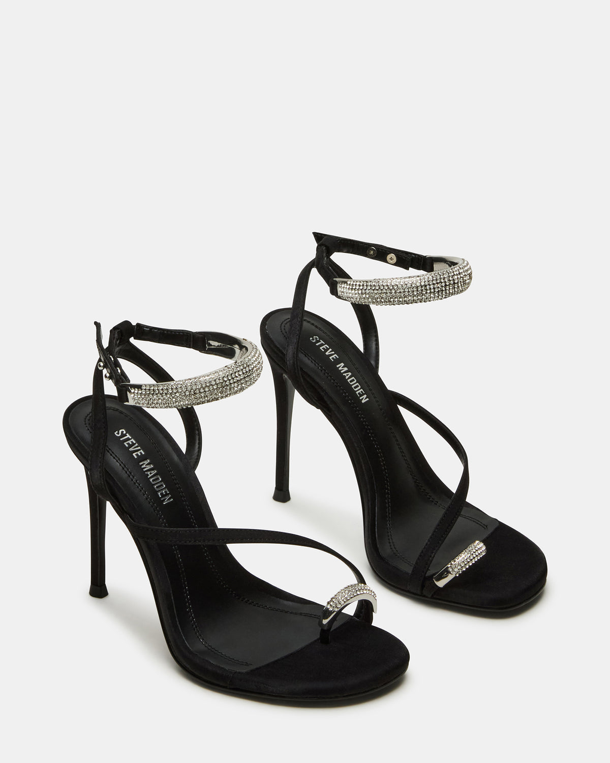 Steve Madden TIA Rhinestones Black Satin Open-Toe Stiletto Women's Heel