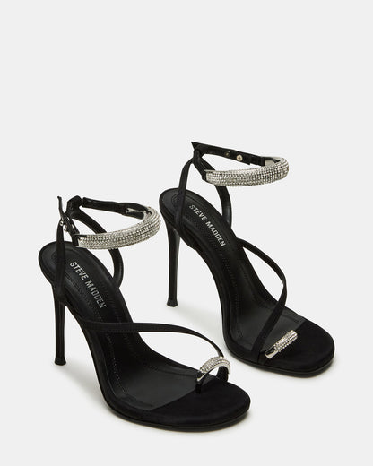 Steve Madden TIA Rhinestones Black Satin Open-Toe Stiletto Women's Heel