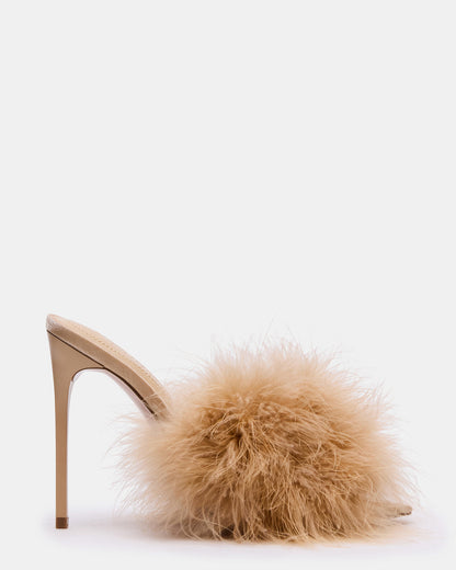 Steve Madden ASHBEY Tan Multi Pointed-Toe Feather Mule Stiletto Women's Heel