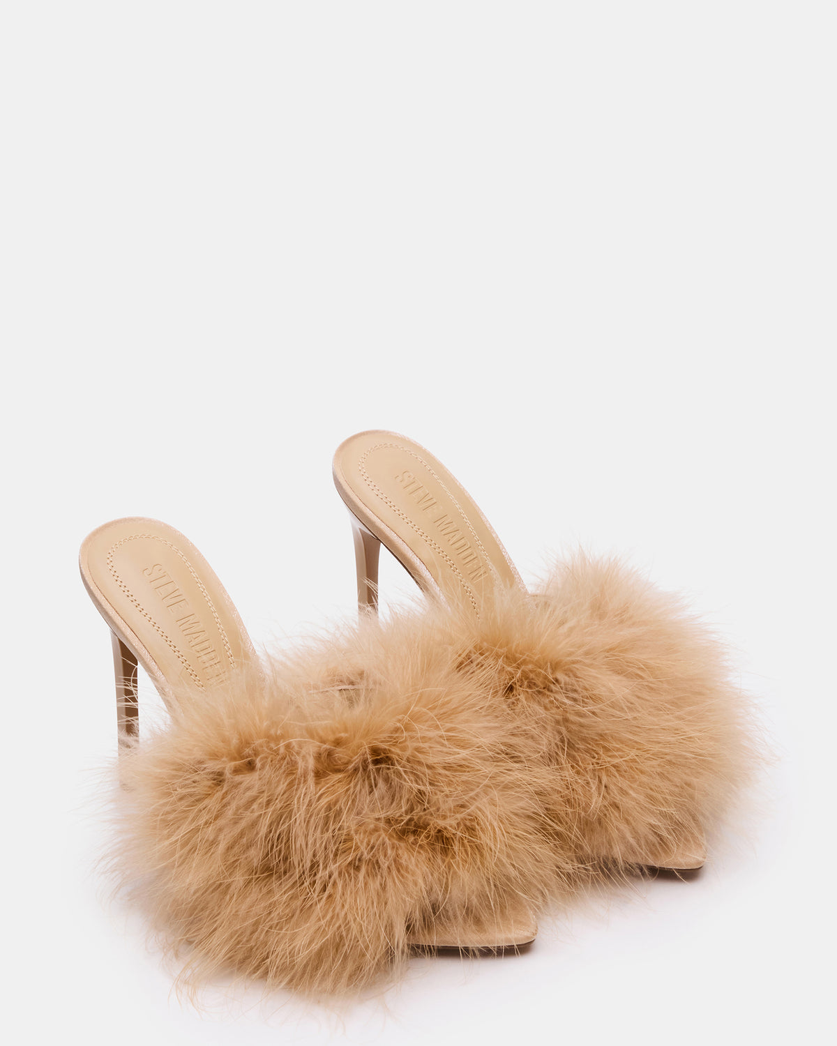 Steve Madden ASHBEY Tan Multi Pointed-Toe Feather Mule Stiletto Women's Heel