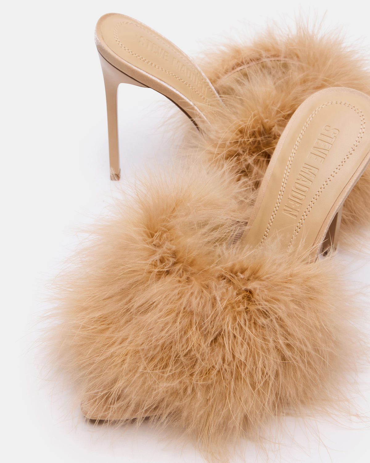 Steve Madden ASHBEY Tan Multi Pointed-Toe Feather Mule Stiletto Women's Heel