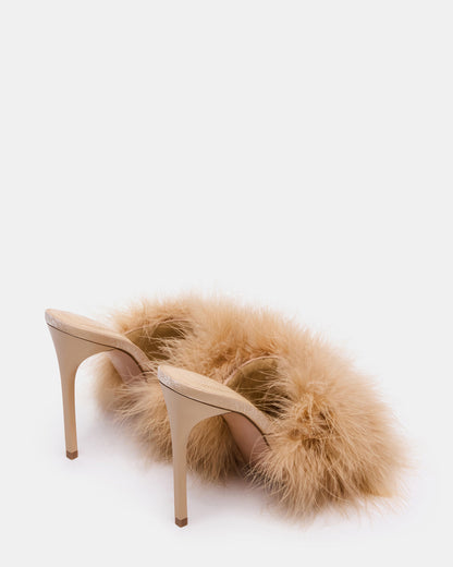 Steve Madden ASHBEY Tan Multi Pointed-Toe Feather Mule Stiletto Women's Heel