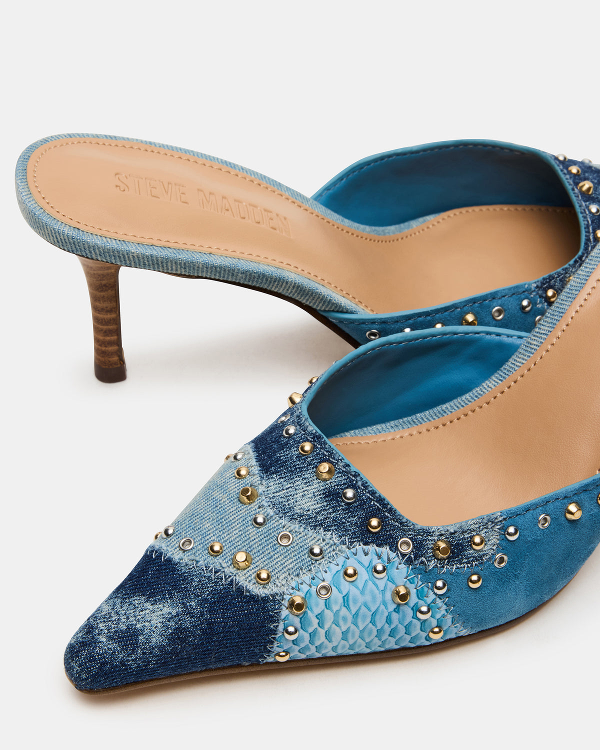 Steve Madden ALEXI Denim Multi Studs Pointed-Toe Mule Women's Heel