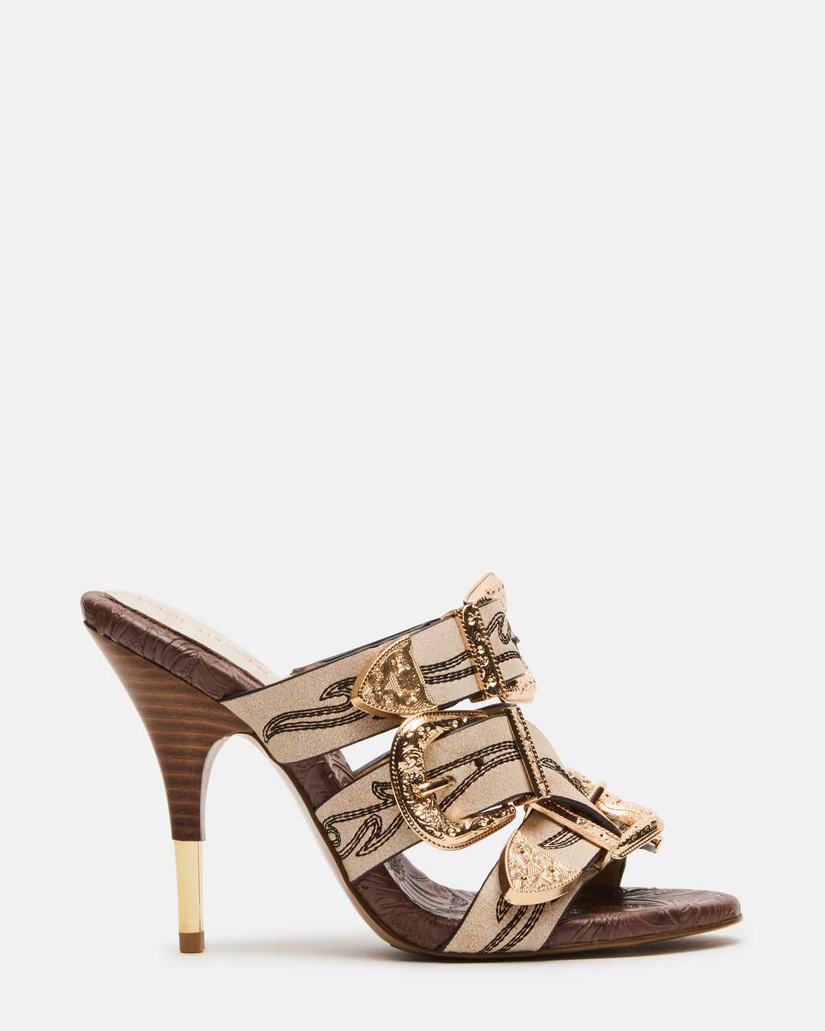 Steve Madden FARRA White Distressed Western-Inspired Stiletto Buckle Mule Women's Heel