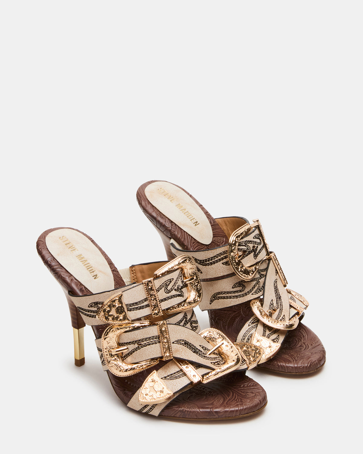 Steve Madden FARRA White Distressed Western-Inspired Stiletto Buckle Mule Women's Heel