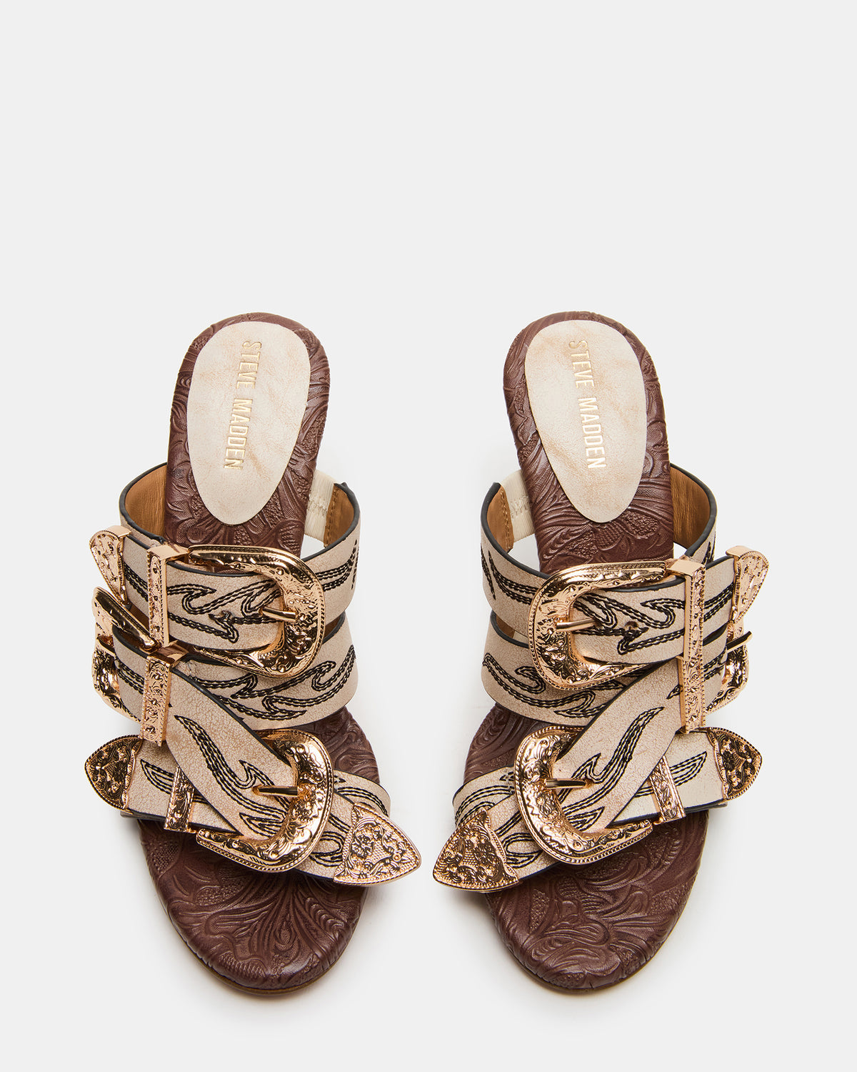 Steve Madden FARRA White Distressed Western-Inspired Stiletto Buckle Mule Women's Heel