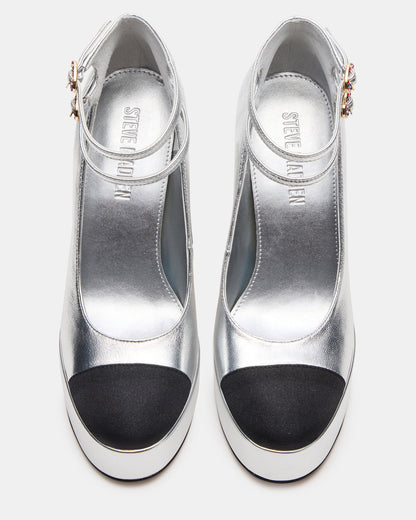 Steve Madden PEYTON Silver Leather Block Heel Platform Women's Heel