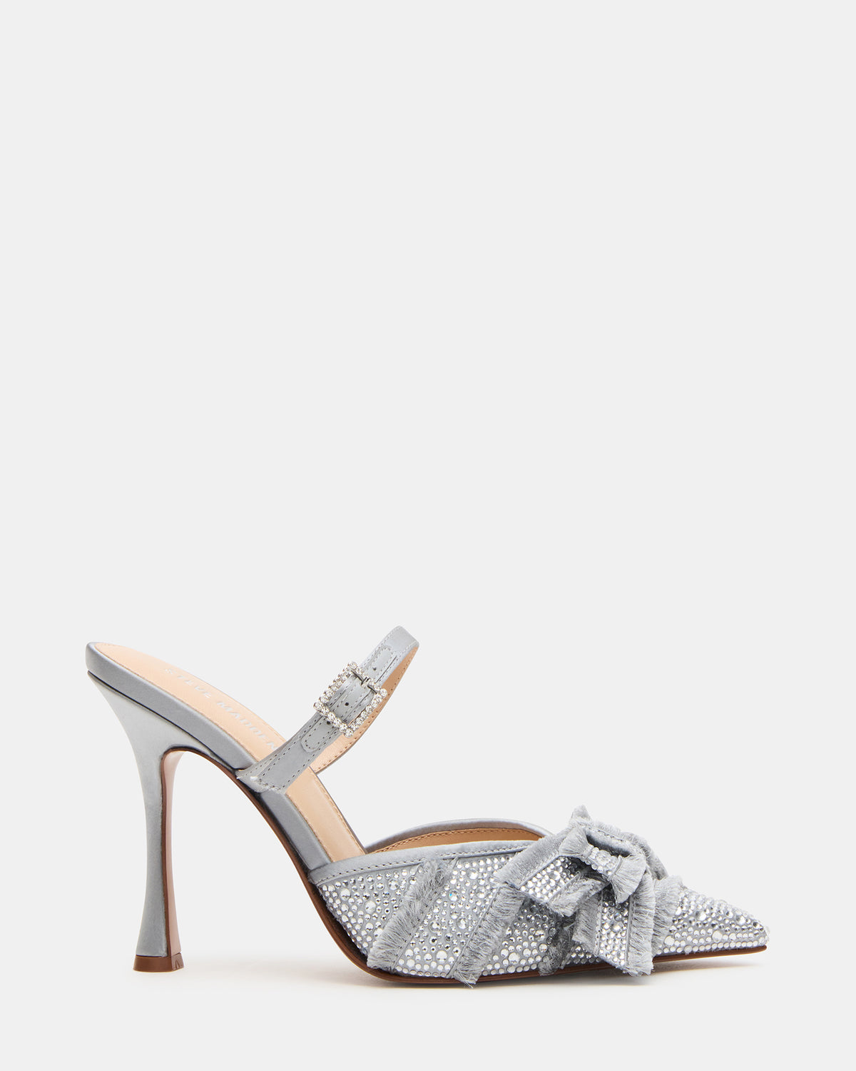 Steve Madden BAYLIN Grey Satin Rhinestones Bow Pointed-Toe Stiletto Women's Heel