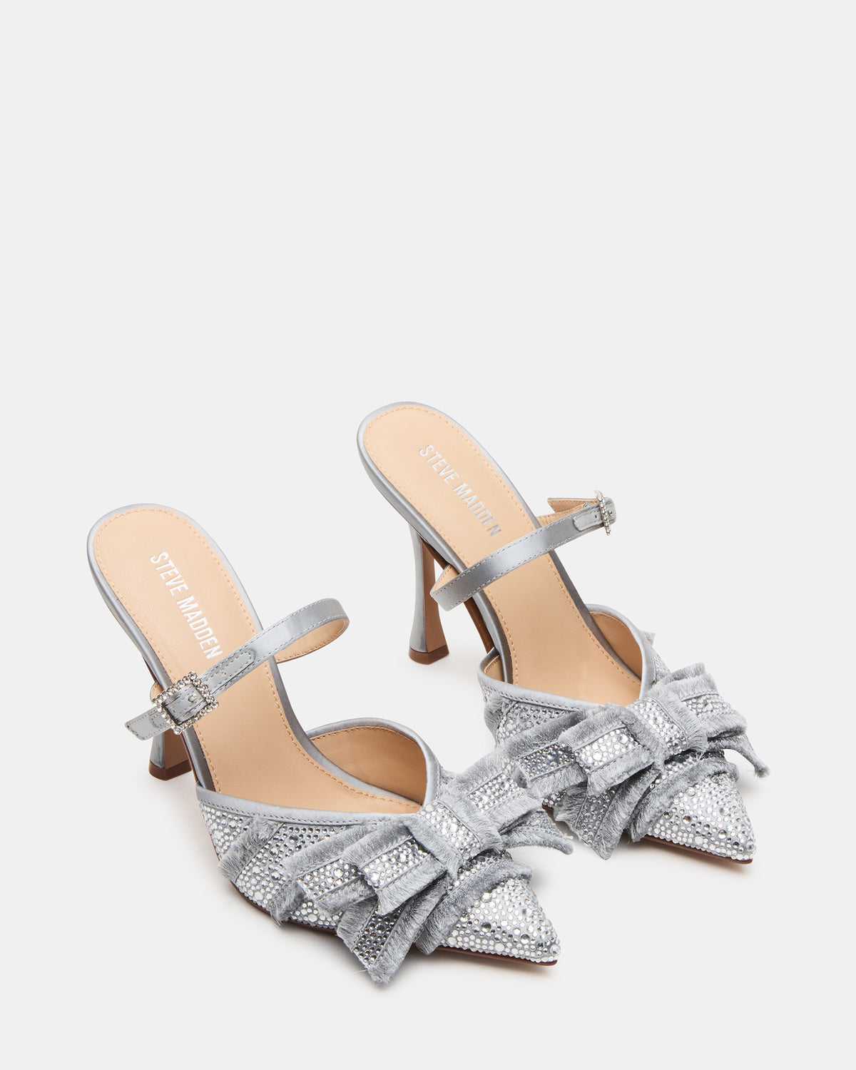 Steve Madden BAYLIN Grey Satin Rhinestones Bow Pointed-Toe Stiletto Women's Heel