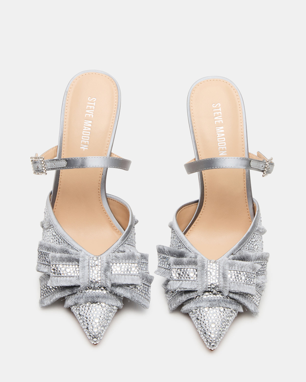 Steve Madden BAYLIN Grey Satin Rhinestones Bow Pointed-Toe Stiletto Women's Heel