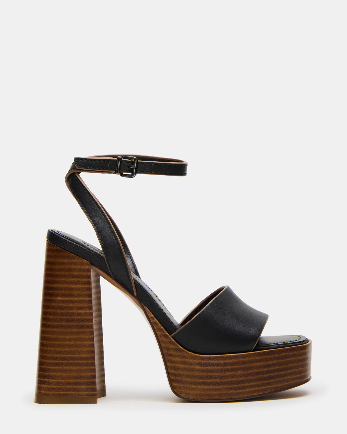 Steve Madden FLORIA Black Leather Women's Platform Square-Toe Block Heel