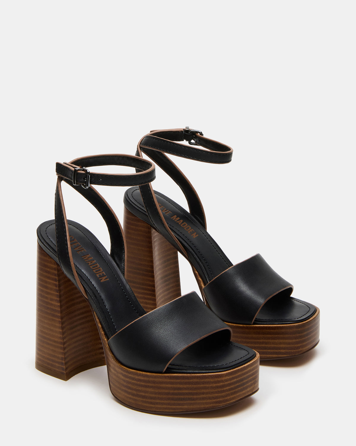Steve Madden FLORIA Black Leather Women's Platform Square-Toe Block Heel