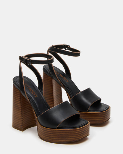 Steve Madden FLORIA Black Leather Women's Platform Square-Toe Block Heel