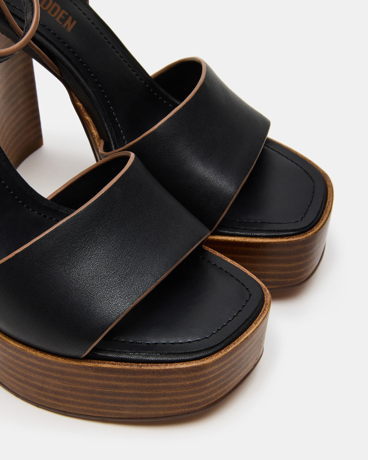 Steve Madden FLORIA Black Leather Women's Platform Square-Toe Block Heel