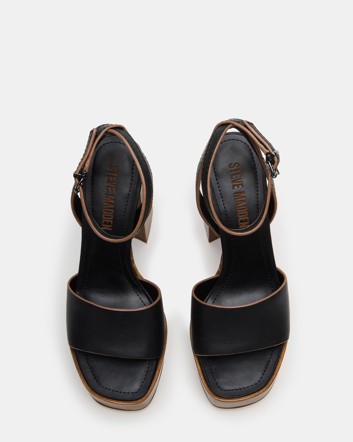 Steve Madden FLORIA Black Leather Women's Platform Square-Toe Block Heel
