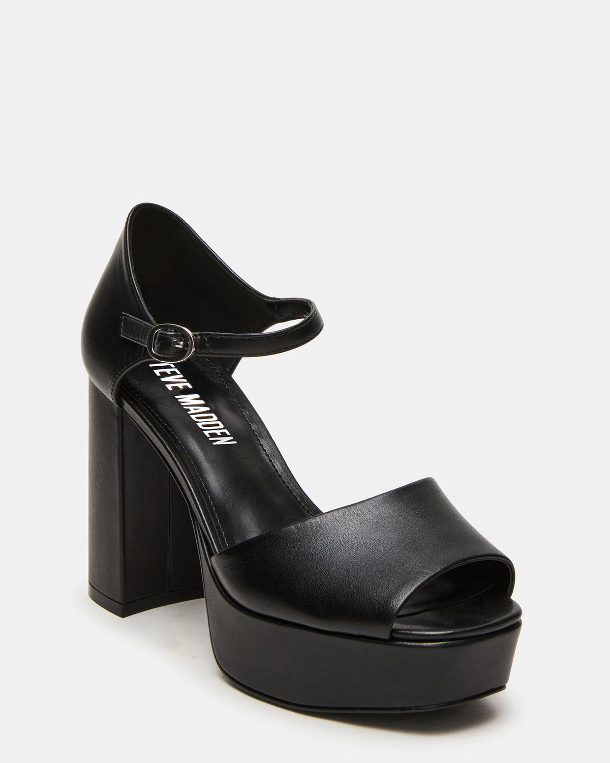 Steve Madden LONDON Black Leather Platfrom Block Heel Square-Toe Women's Heel