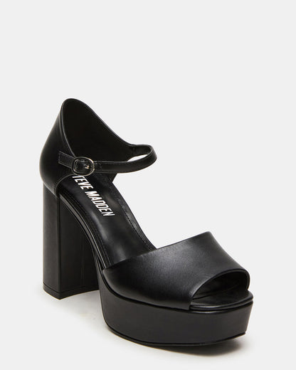 Steve Madden LONDON Black Leather Platfrom Block Heel Square-Toe Women's Heel