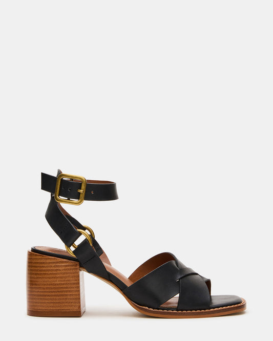 Steve Madden TRURO Black Leather Strappy Wood Bottom Square-Toe Women's Heel