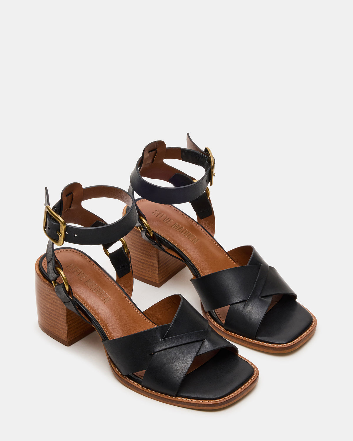 Steve Madden TRURO Black Leather Strappy Wood Bottom Square-Toe Women's Heel