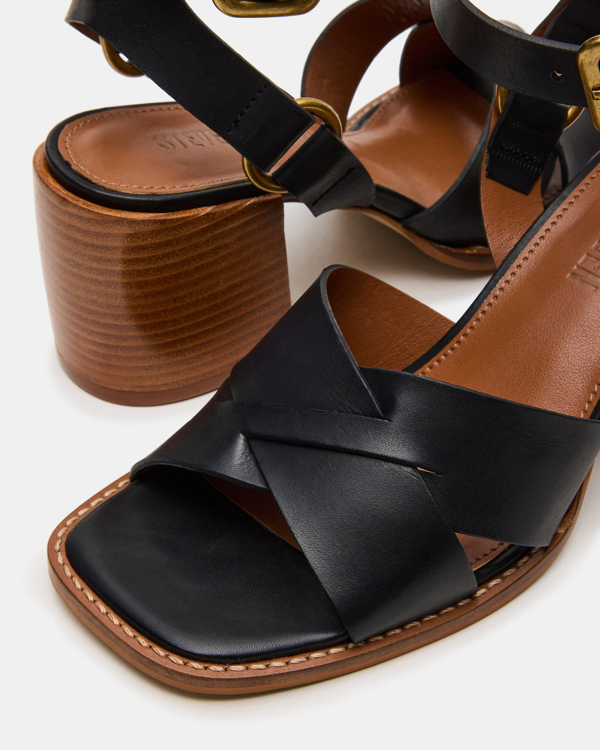 Steve Madden TRURO Black Leather Strappy Wood Bottom Square-Toe Women's Heel