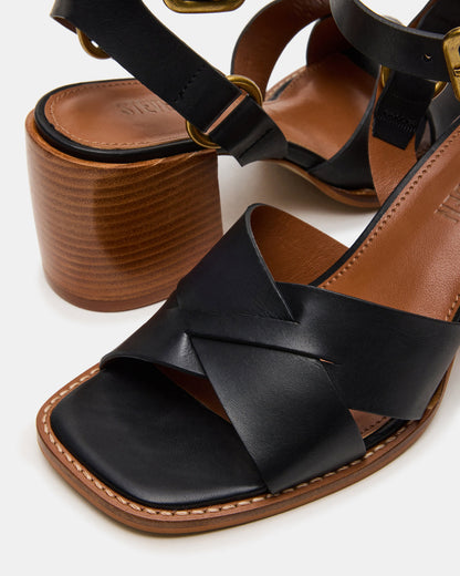 Steve Madden TRURO Black Leather Strappy Wood Bottom Square-Toe Women's Heel